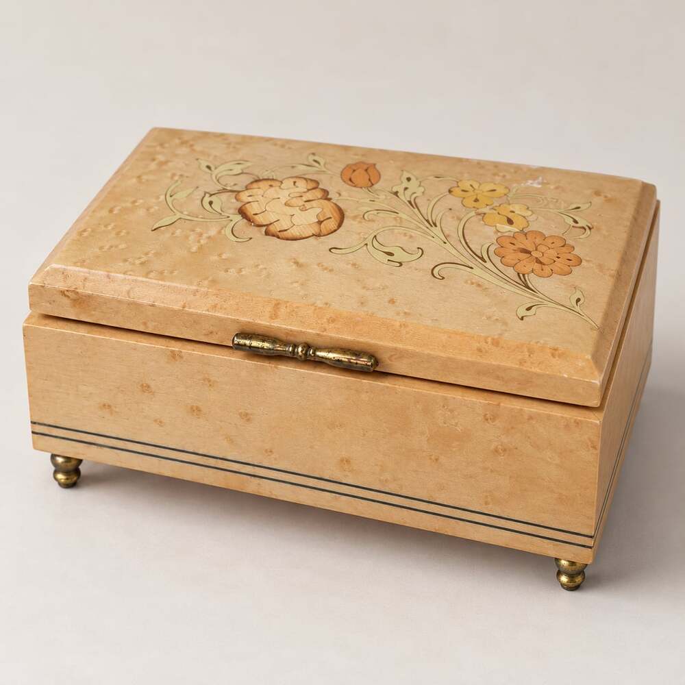 Vintage Reuge Swiss Music Box Jewelry Box Birdseye Maple Floral Inlay Always on
